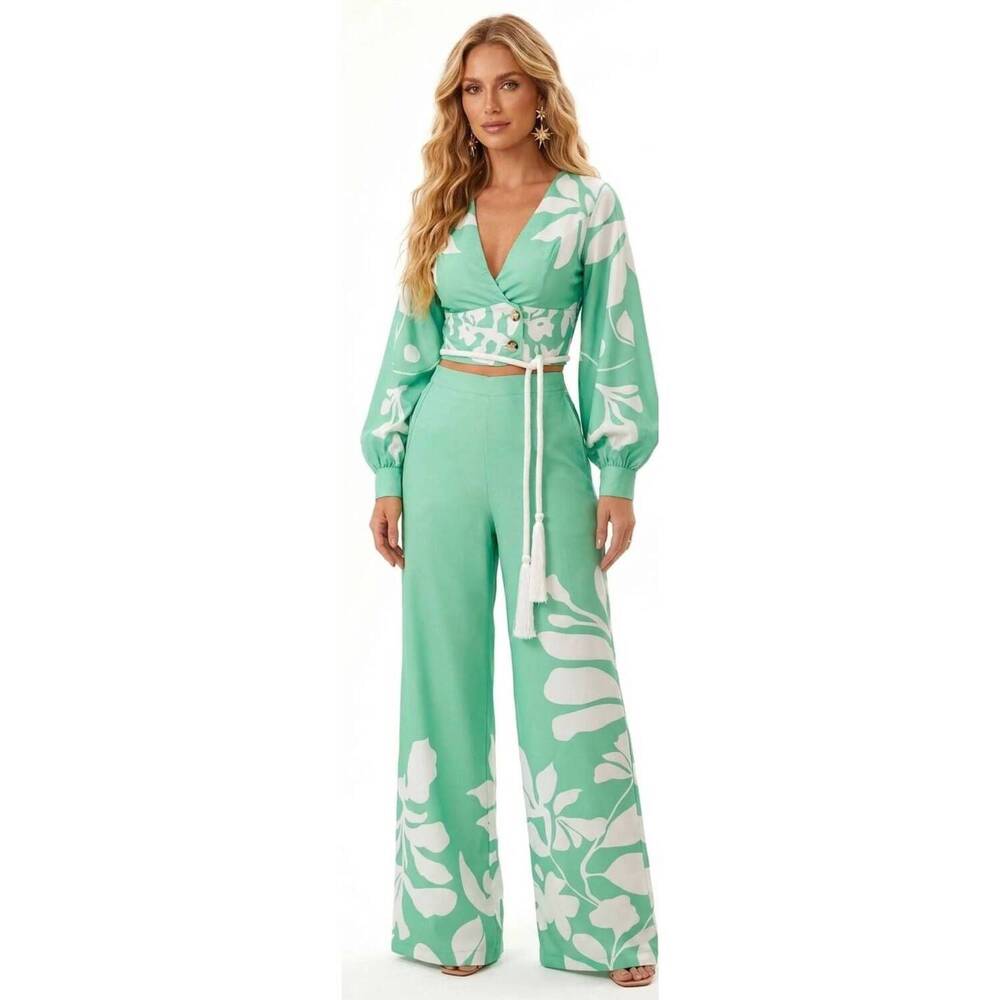 NEW CHICWAYS tropical breeze two-piece crop top & wide-leg pant set in green